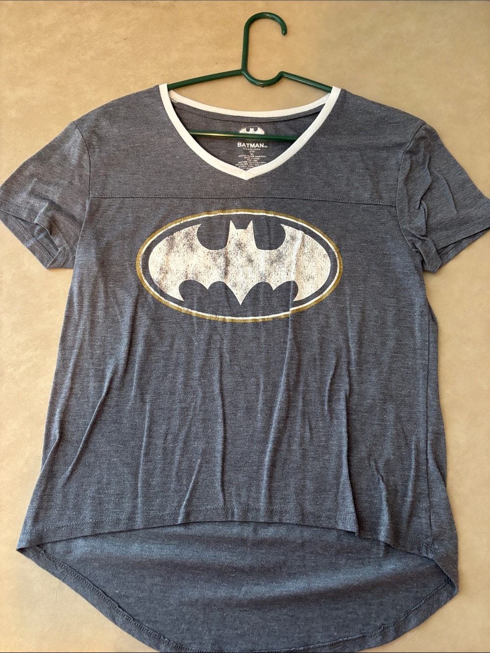 Batman Gray and White V‑Neck Tee with Gold Accent